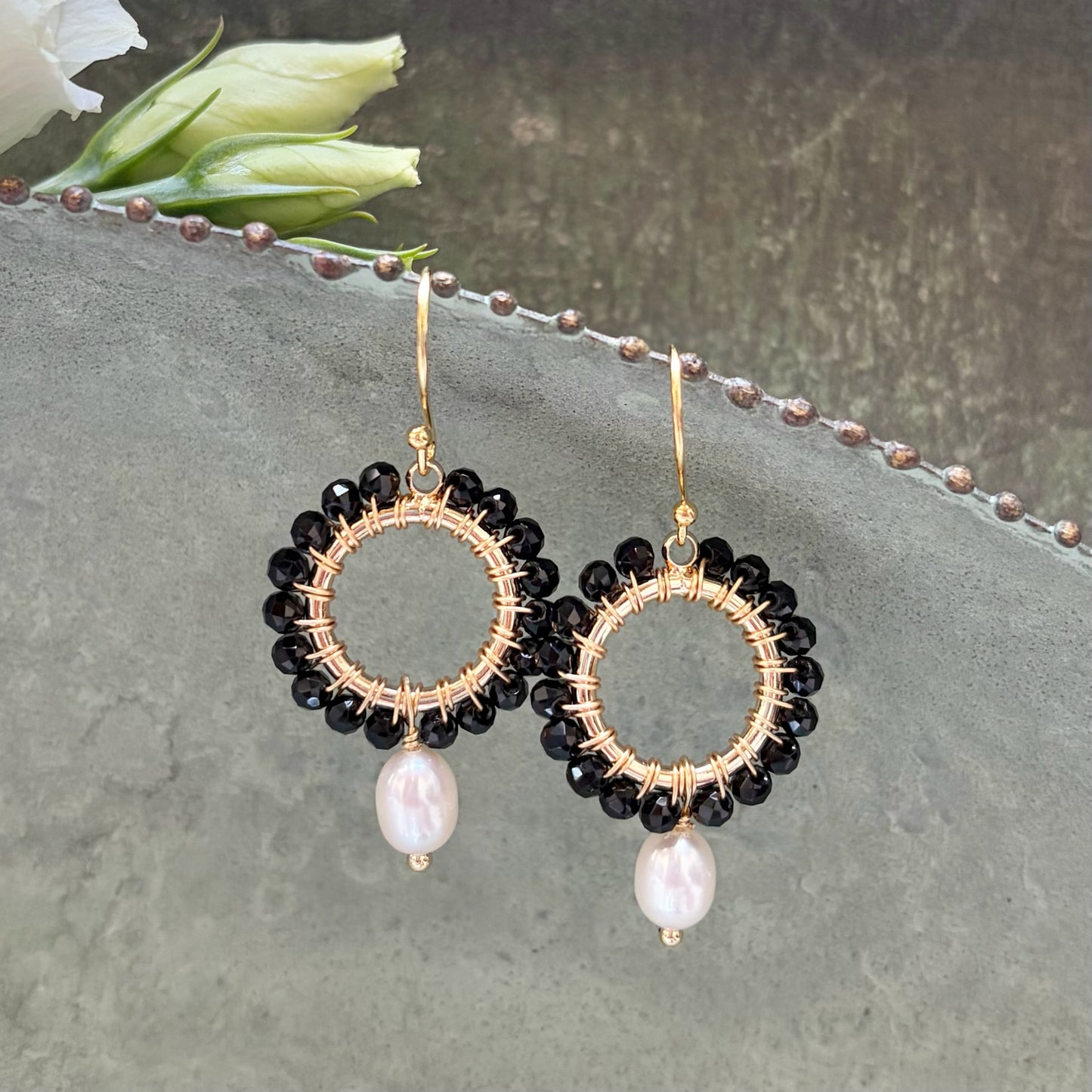 *Black Onyx Mini Round With Pearl Drop Beaded Earrings