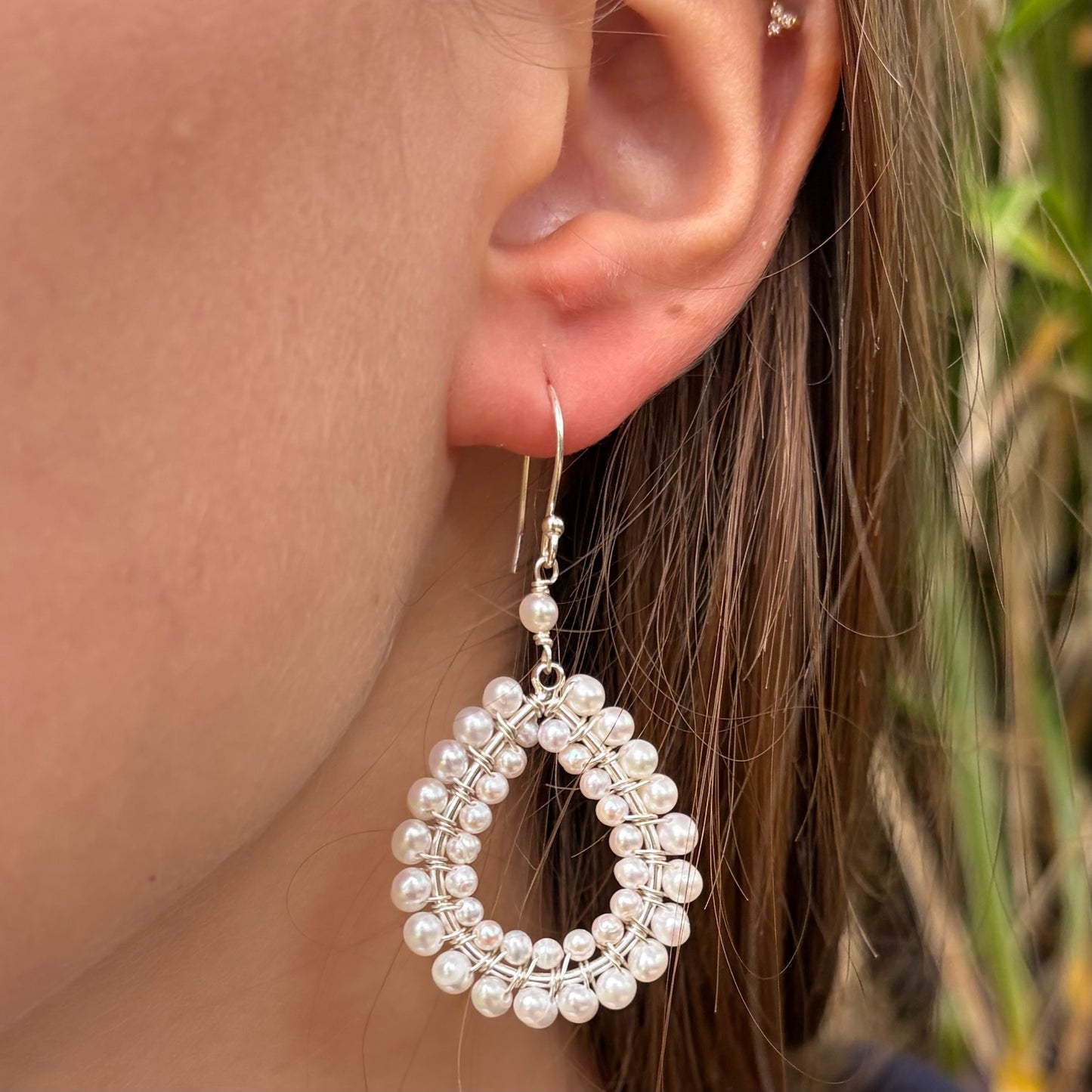 Freshwater Pearl Double Beaded Midi Teardrop Earrings (Silver)