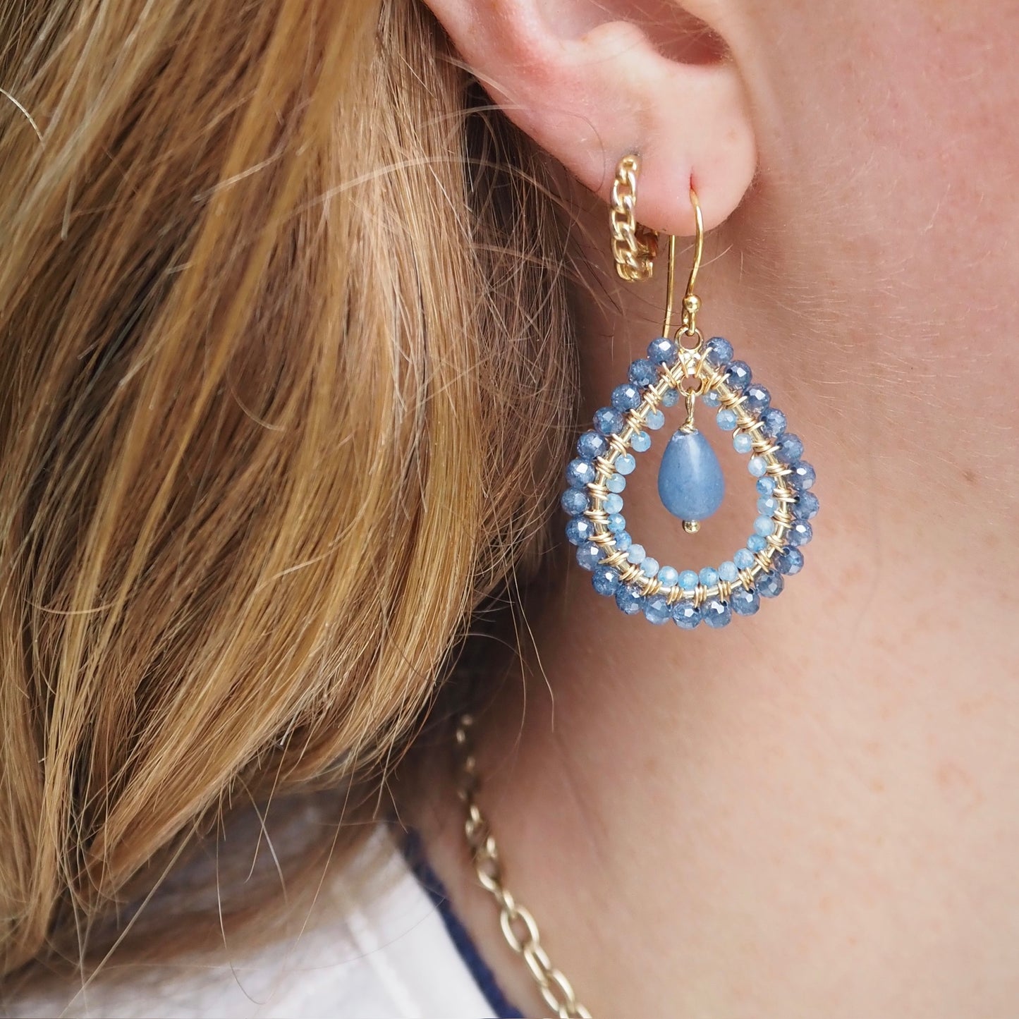 Royal Blue Azurite & Pale Cornflower Kyanite Double Beaded Midi Teardrops With Denim Chalcedony Drop