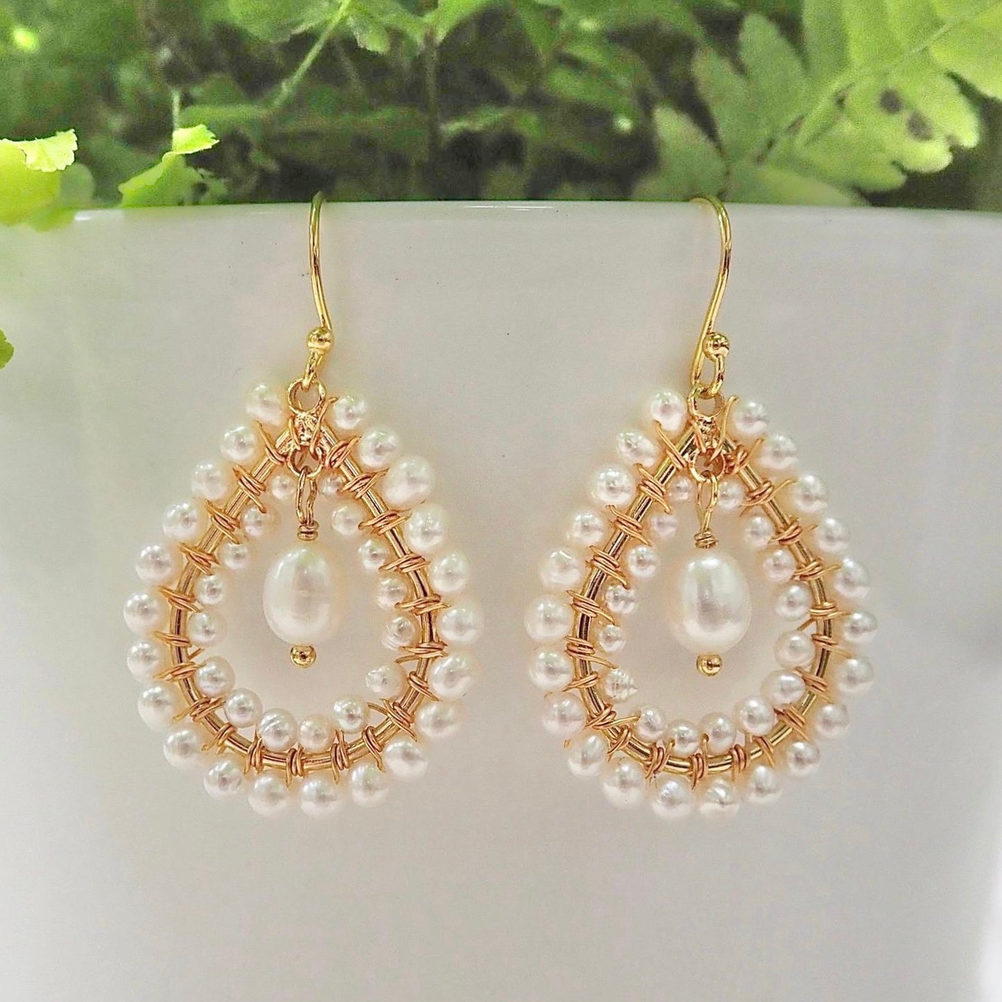 *Freshwater Pearl Double Beaded Midi Teardrops With Pearl Drop