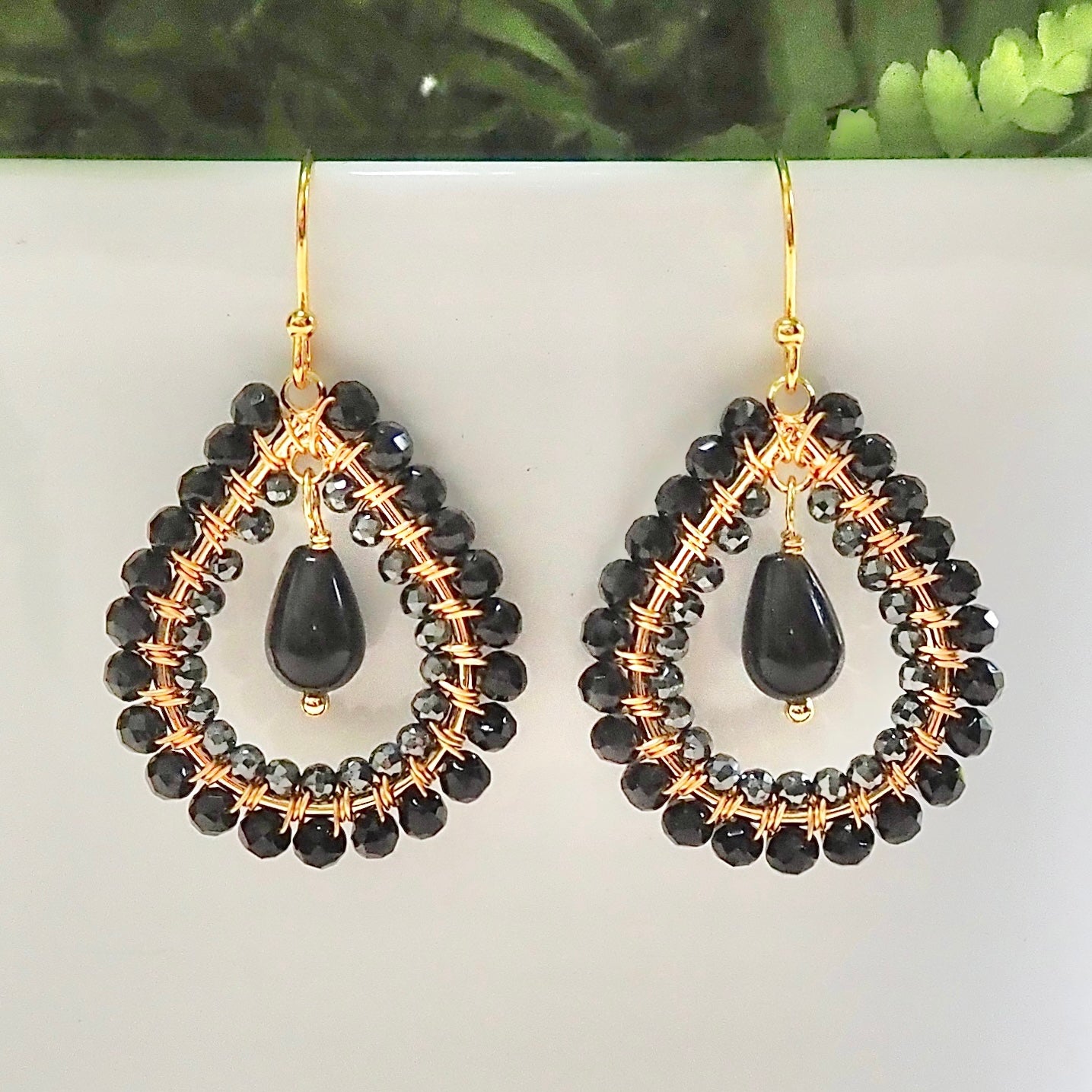 *Black Onyx & Charcoal Hematite Double Beaded Midi Teardrops With Onyx Drop