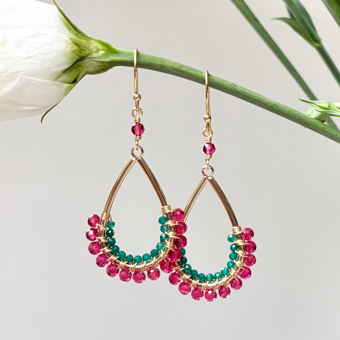 *Fuchsia Pink Garnet & Emerald Green Jade 1/2 Teardrop Beaded Earrings