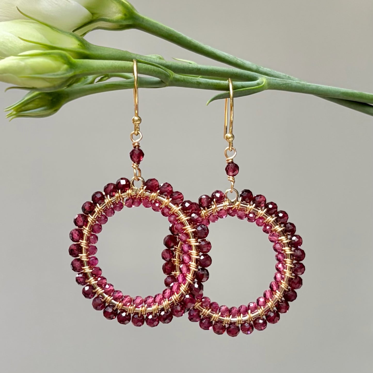 *Burgundy Garnet & Fuchsia Pink Garnet Double Round Beaded Earrings
