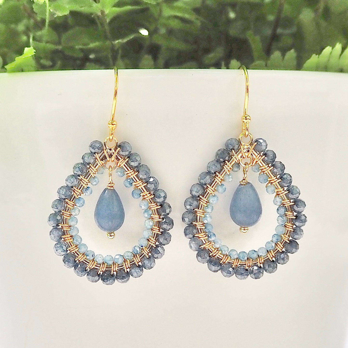 *Airforce Blue Quartz Double Beaded Midi Teardrops With Denim Chalcedony Drop