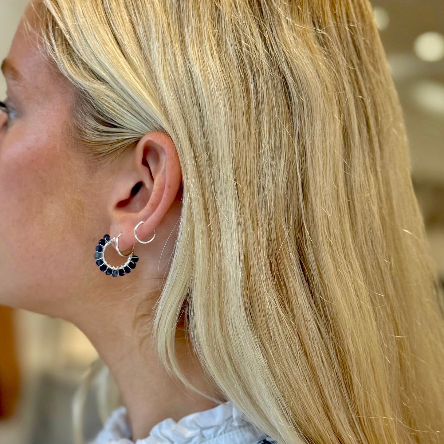 *Chunky Dark Denim Iolite Mini Hoop Beaded Earrings (Silver)