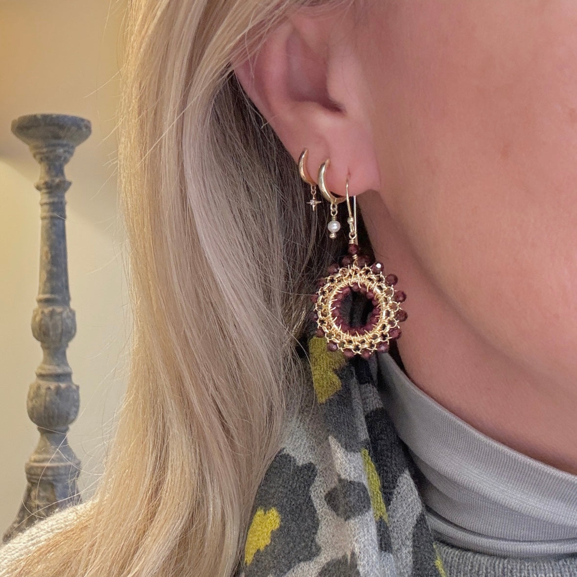 Burgundy Garnet & Fuchsia Pink Garnet Round Beaded Earrings