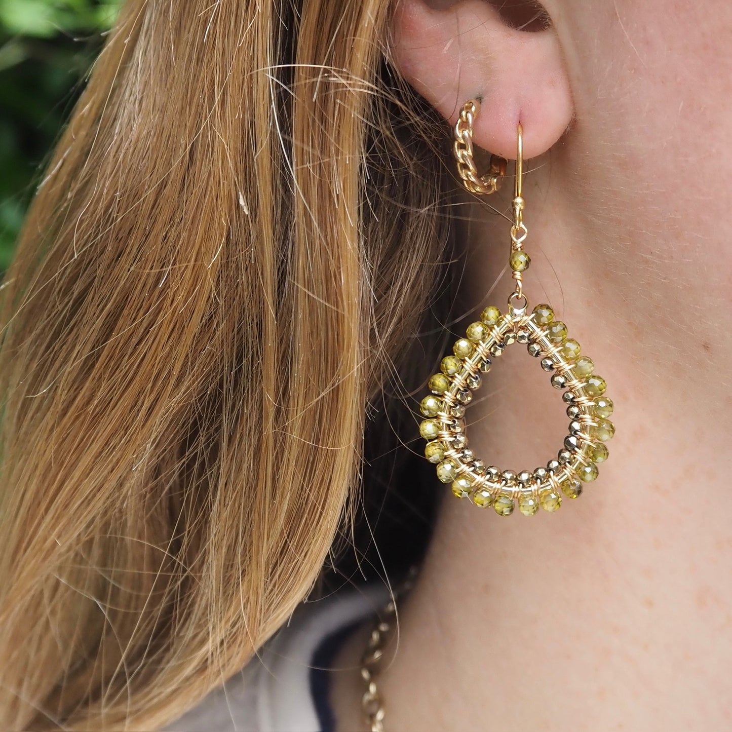 Olive Green Peridot & Bronze Double Beaded Midi Teardrop Earrings