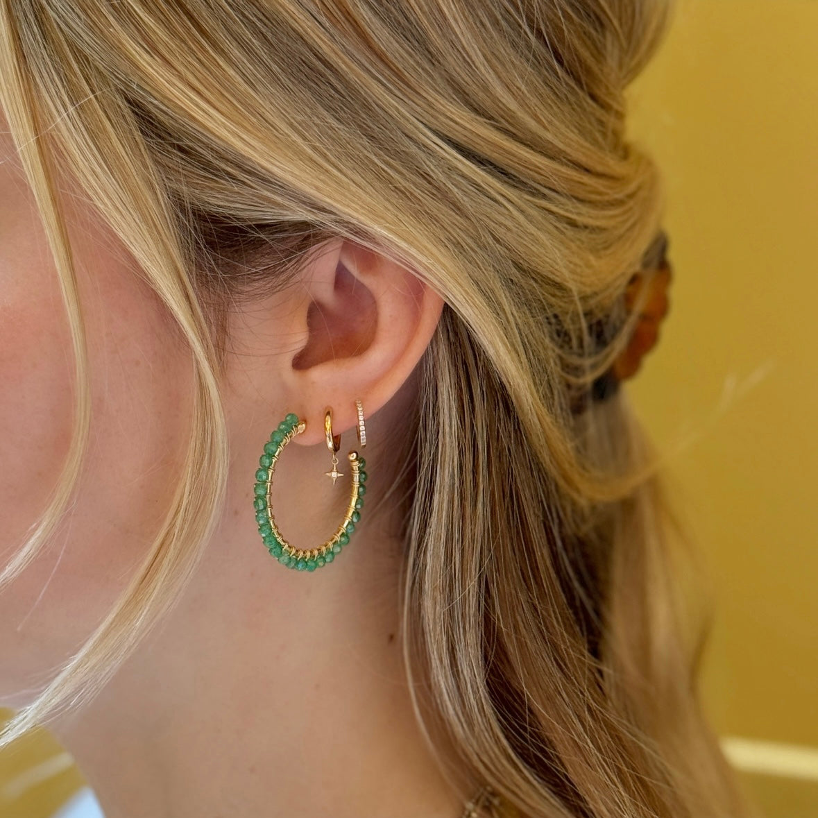 Airforce Blue Quartz Solid Midi Hoop Beaded Earrings