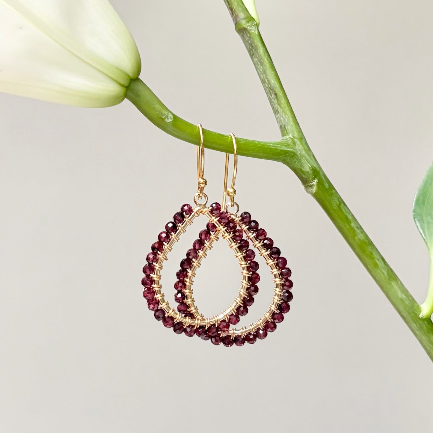 Burgundy Red Garnet Midi Teardrop Beaded Earrings