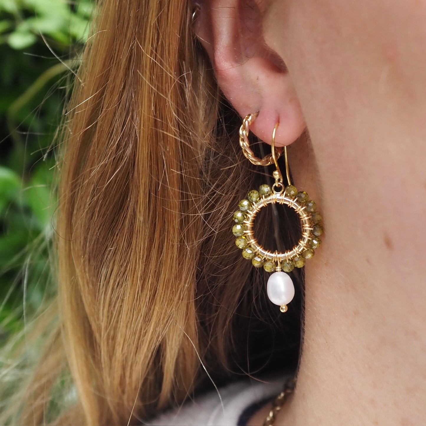 *Olive Green Peridot Mini Round With Pearl Drop Beaded Earrings