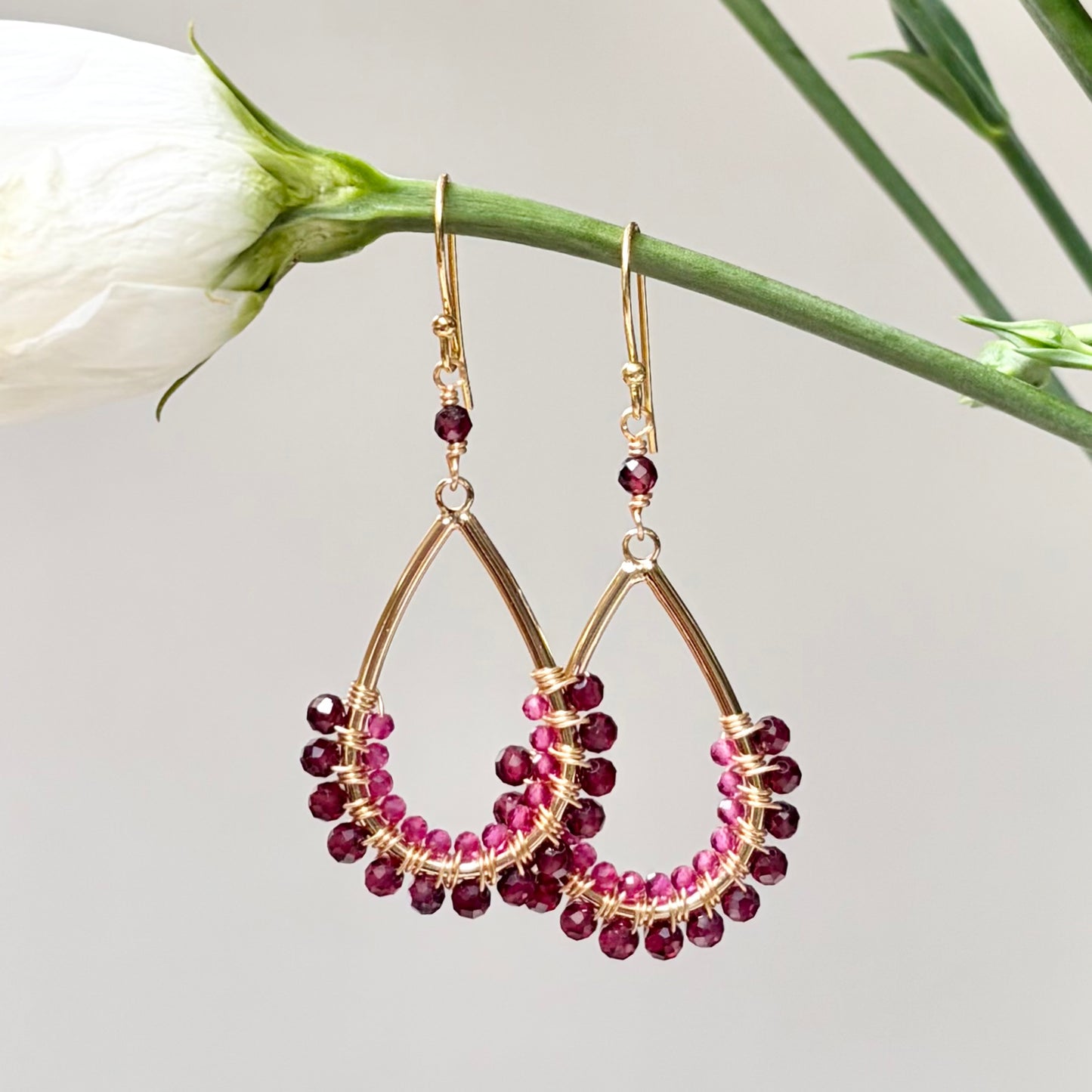 *Burgundy Garnet & Fuchsia Pink Garnet 1/2 Teardrop Beaded Earrings