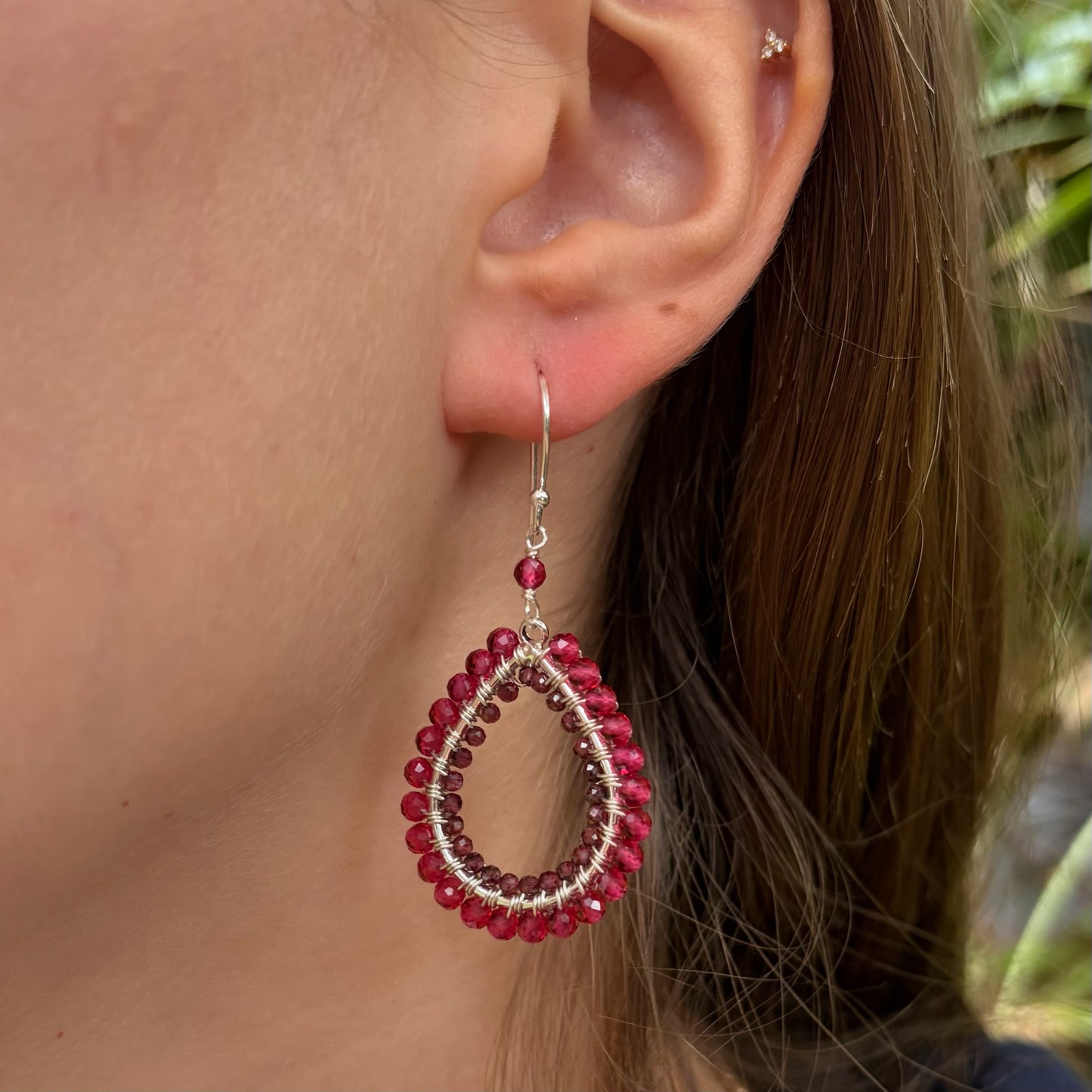 *Orange Carnelian & Fuchsia Pink Garnet Double Beaded Midi Teardrop Earrings (Silver)