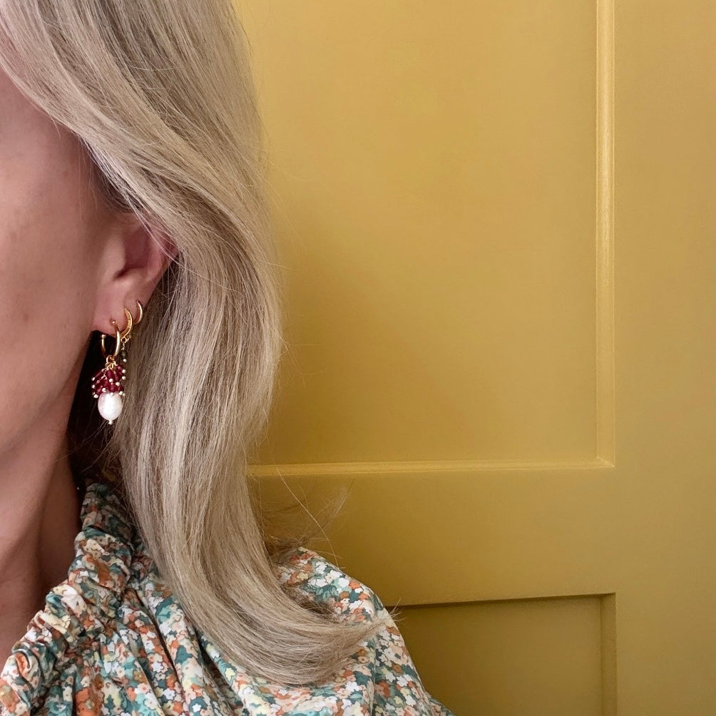 Mini Hoop Earrings With Ibiza Pearl & Mixed Autumn Tourmaline Drops
