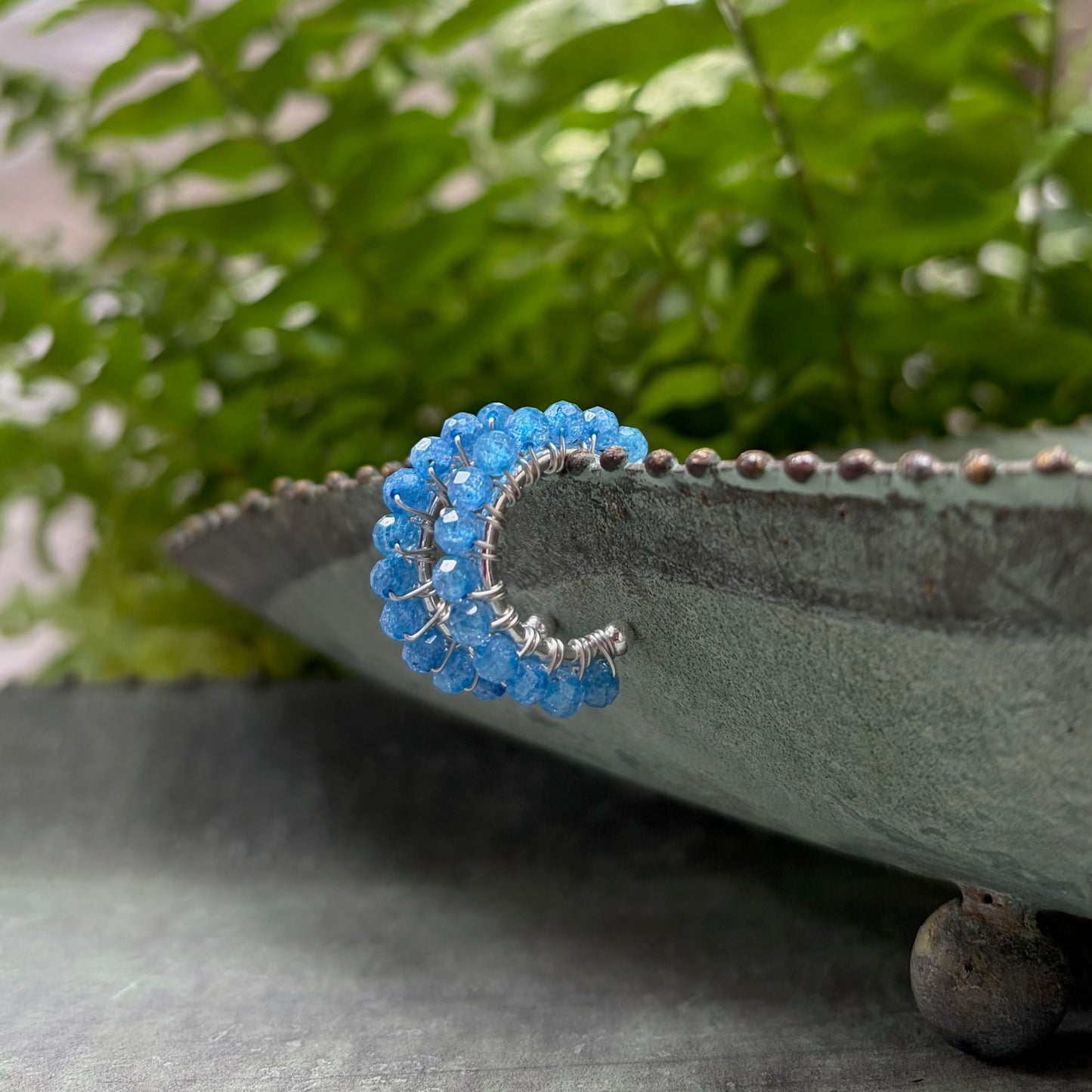 *Chunky Dark Cornflower Kyanite Mini Hoop Beaded Earrings (Silver)