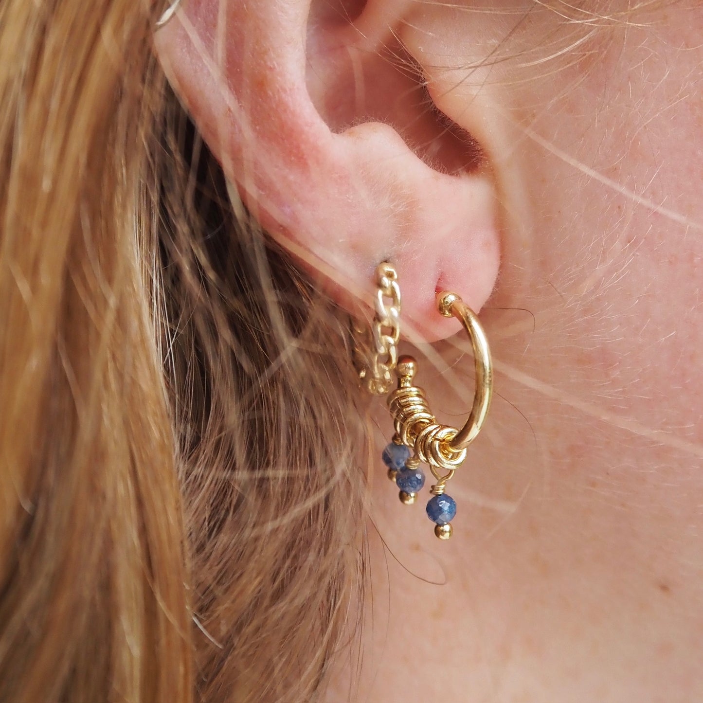 Mid Olive Green Peridot 3-Bead Mini Hoop Earrings