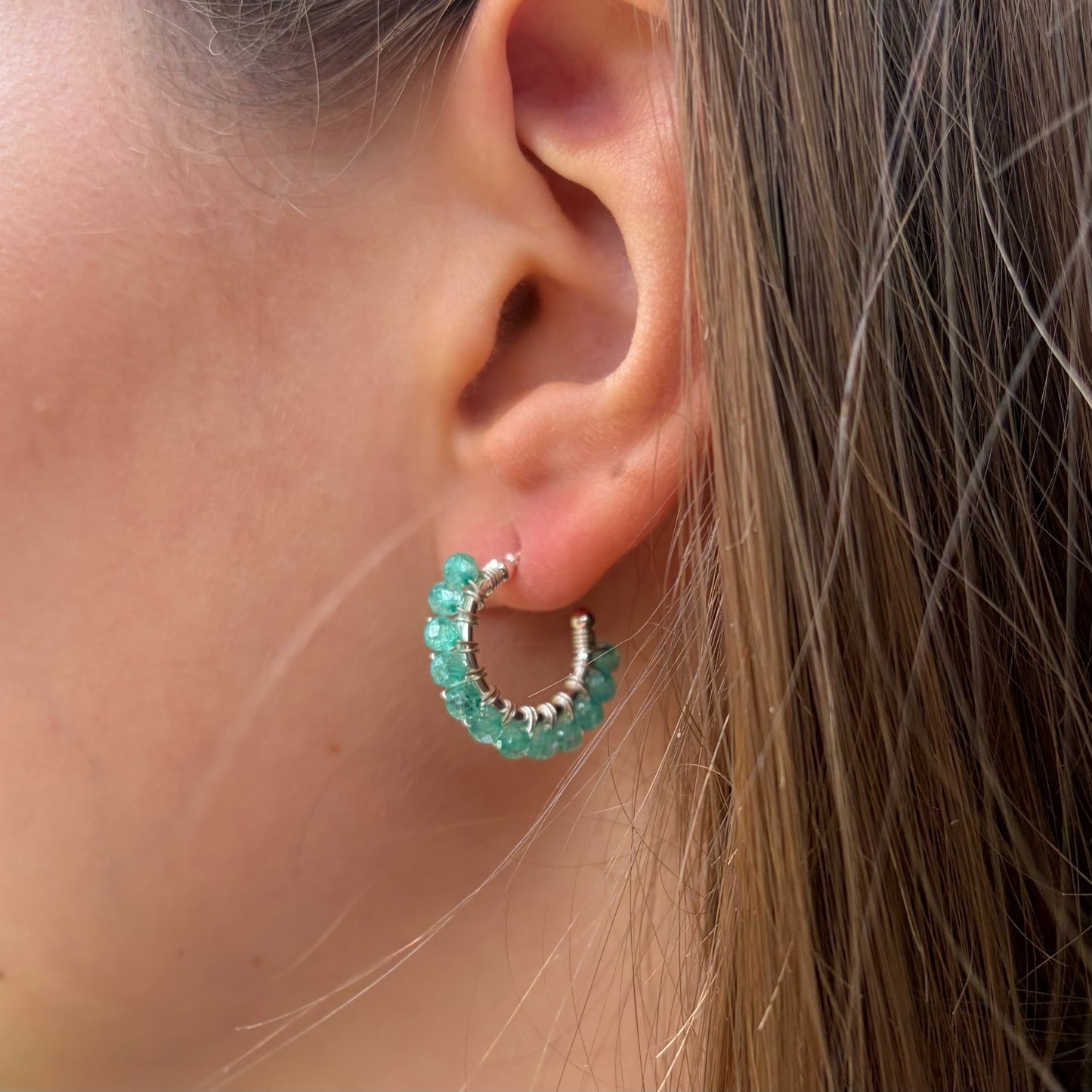 *Chunky Dark Denim Iolite Mini Hoop Beaded Earrings (Silver)