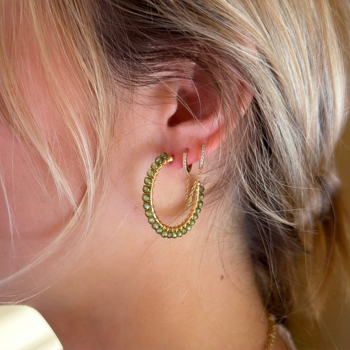 Olive Green Peridot Solid Midi Hoop Beaded Earrings