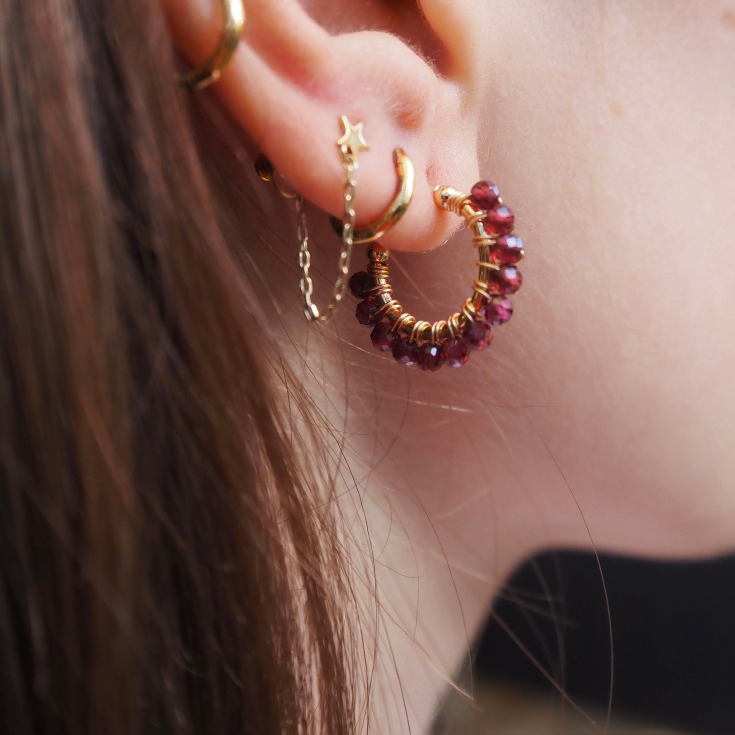 Chunky Burgundy Garnet Mini Hoop Beaded Earrings