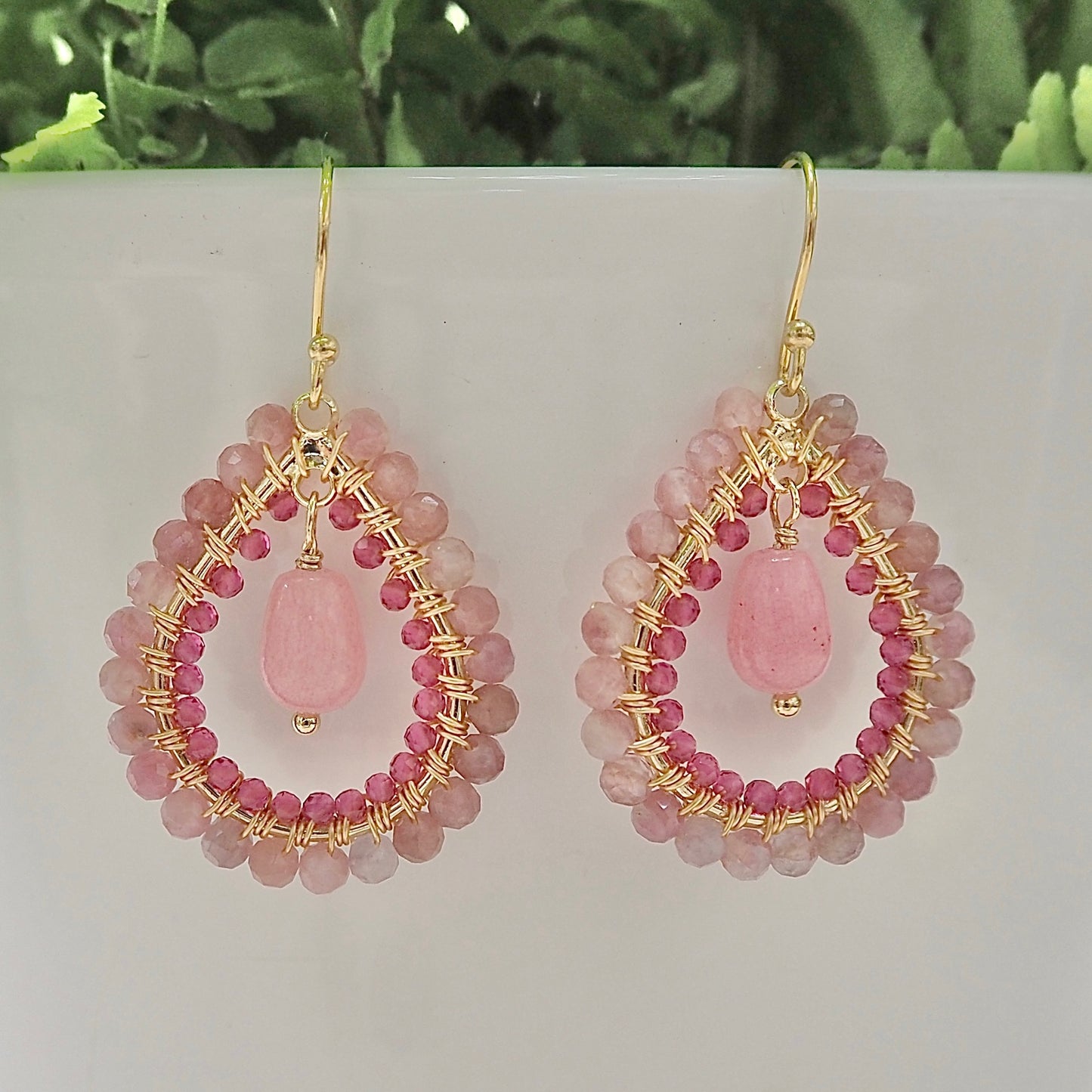 *Dusky Pink Tourmaline Double Beaded Midi Teardrops With Pink Chalcedony Drop
