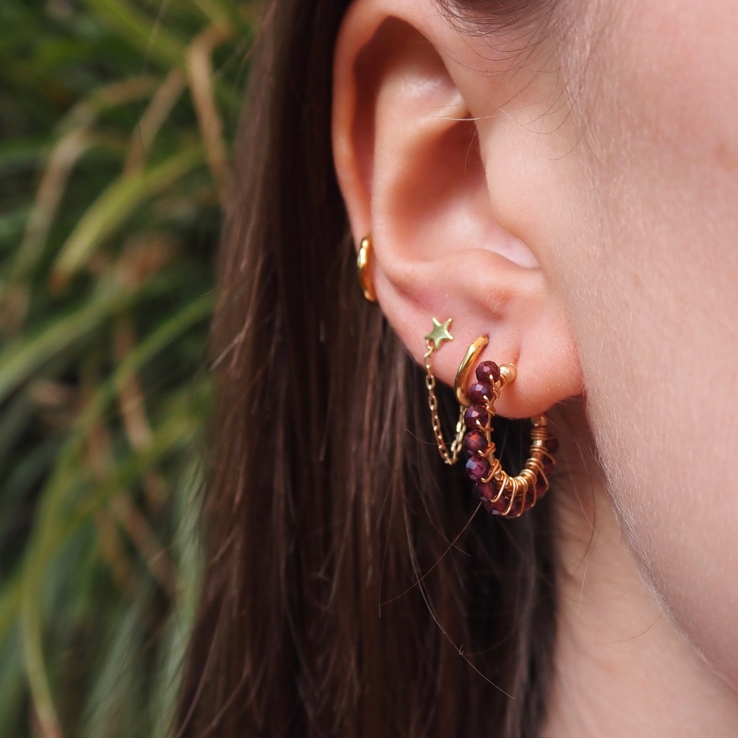 Chunky Dark Mint Green Jade Mini Hoop Beaded Earrings