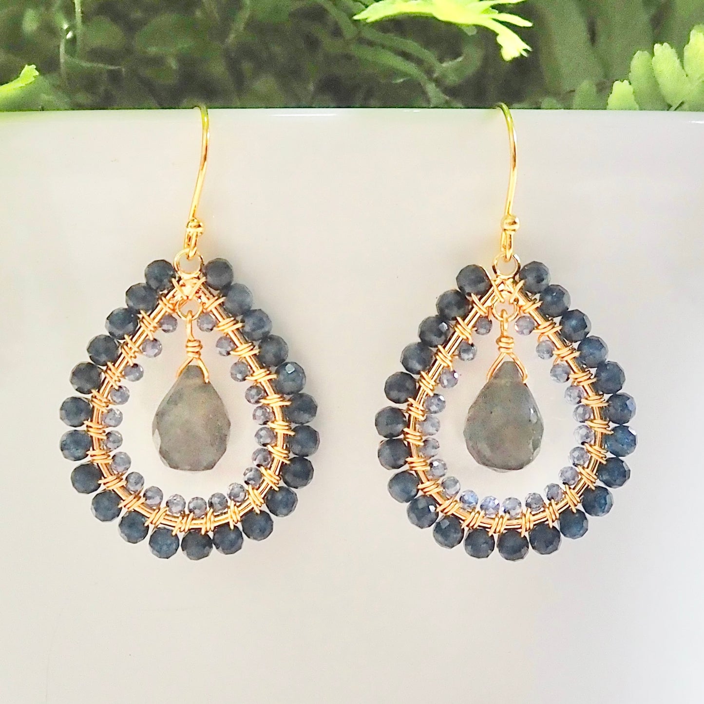 *Dark Denim Iolite Double Beaded Midi Teardrops With Labradorite Drop