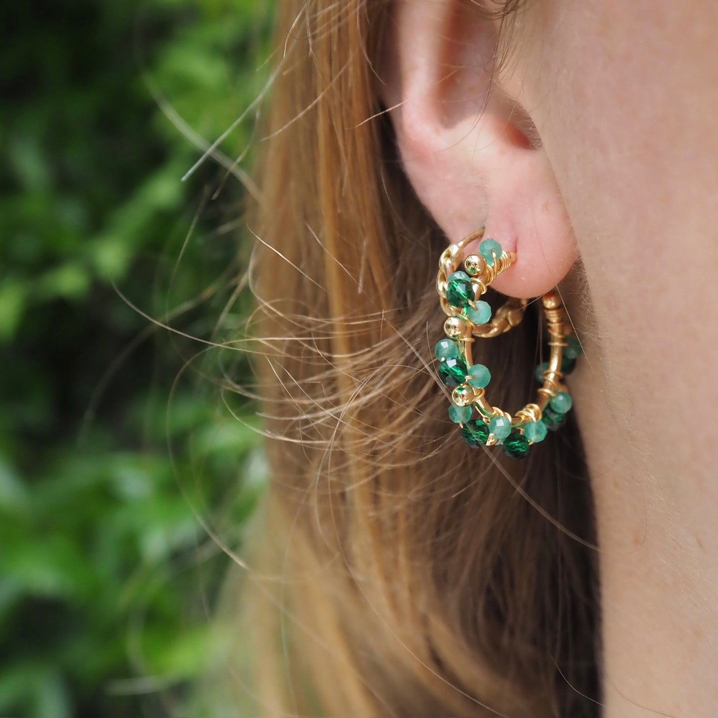 Pearl & Dark Olive Green Peridot Mini Bobble Hoop Beaded Earrings