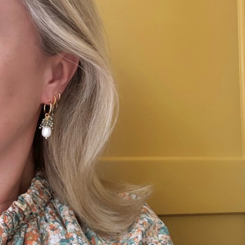 Mini Hoop Earrings With Ibiza Pearl & Sage Green Quartz Drops