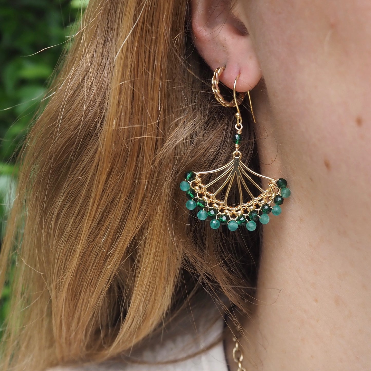 Emerald Green & Mint Green Jade Rolo Fan Beaded Earrings