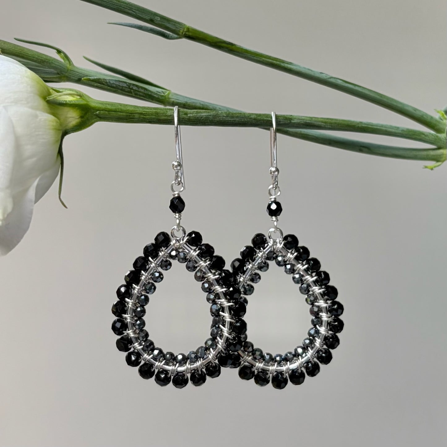 *Black Onyx & Charcoal Hematite Double Beaded Midi Teardrop Earrings (Silver)