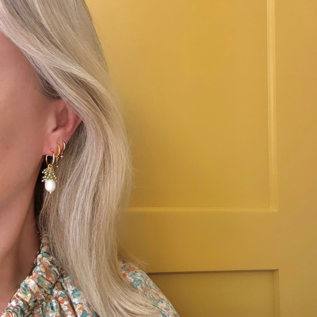 Mini Hoop Earrings With Ibiza Pearl & Pale Olive Green Peridot Drops