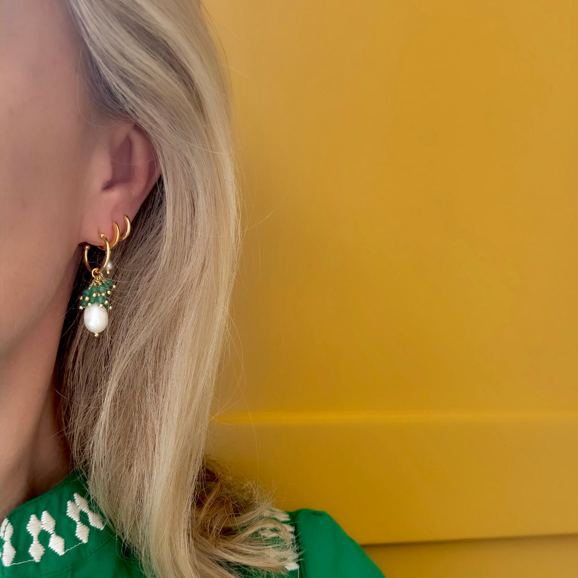 Mini Hoop Earrings With Ibiza Pearl & Emerald Green Jade Drops