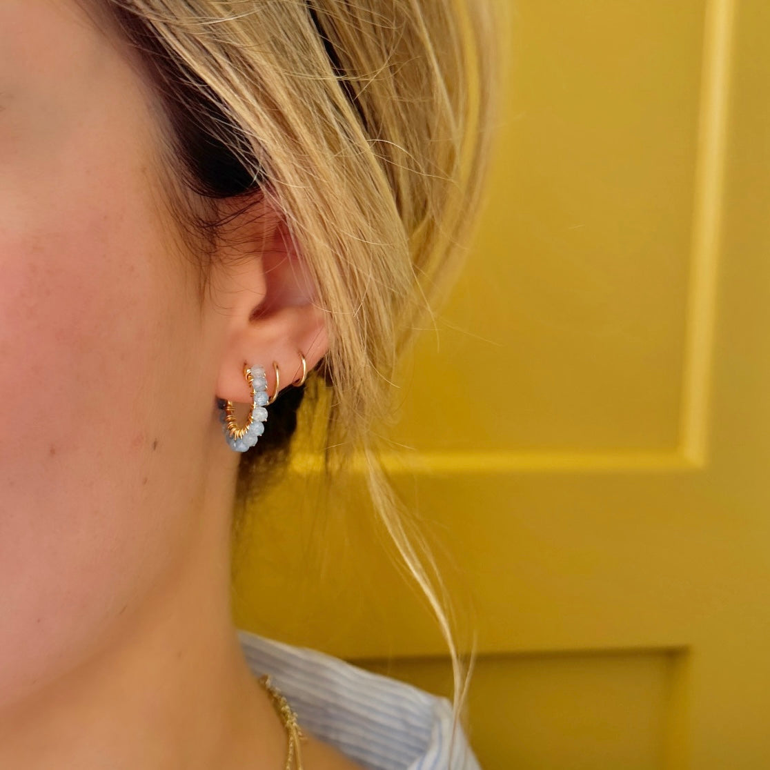 Chunky Pale Denim Blue Azurite Mini Hoop Beaded Earrings