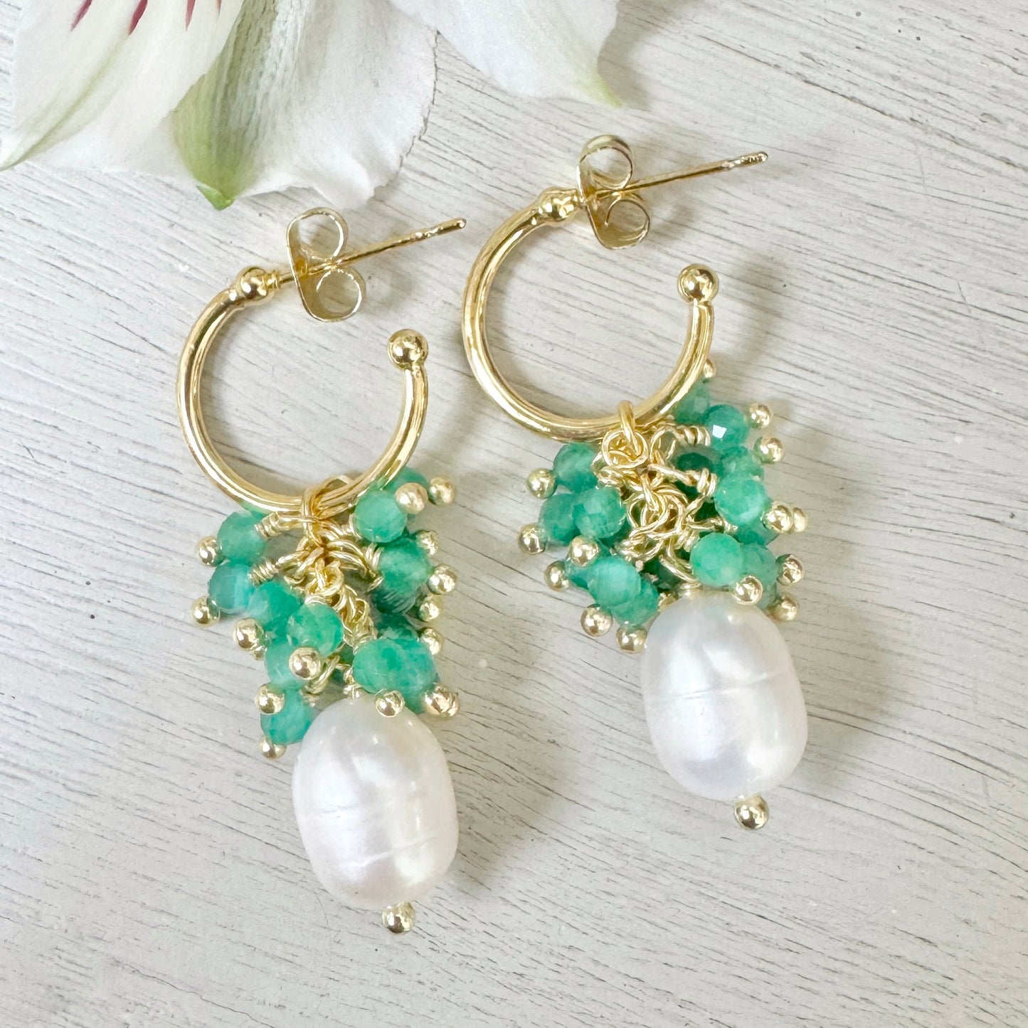 Mini Hoop Earrings With Ibiza Pearl & Green Jade Drops
