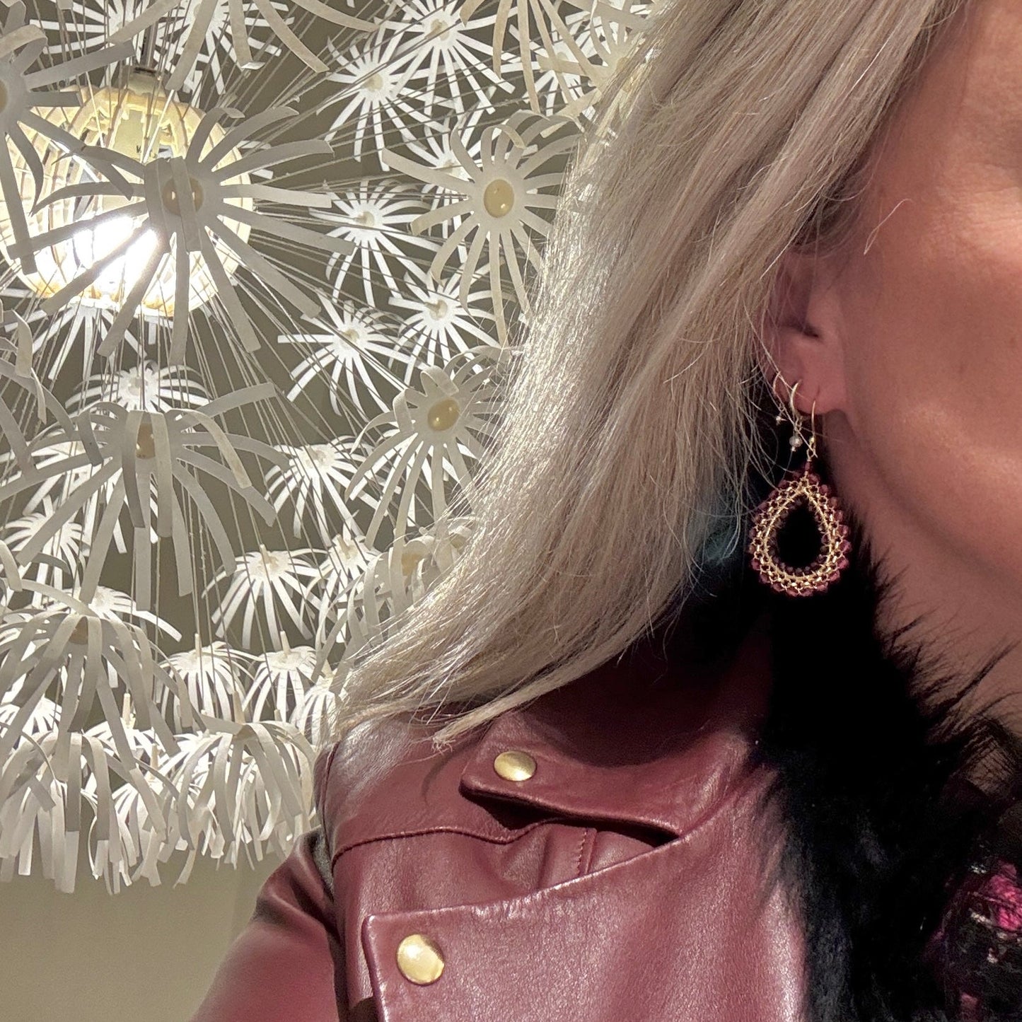 Fuchsia Pink & Burgundy Garnet Medium Rolo Teardrop Beaded Earrings