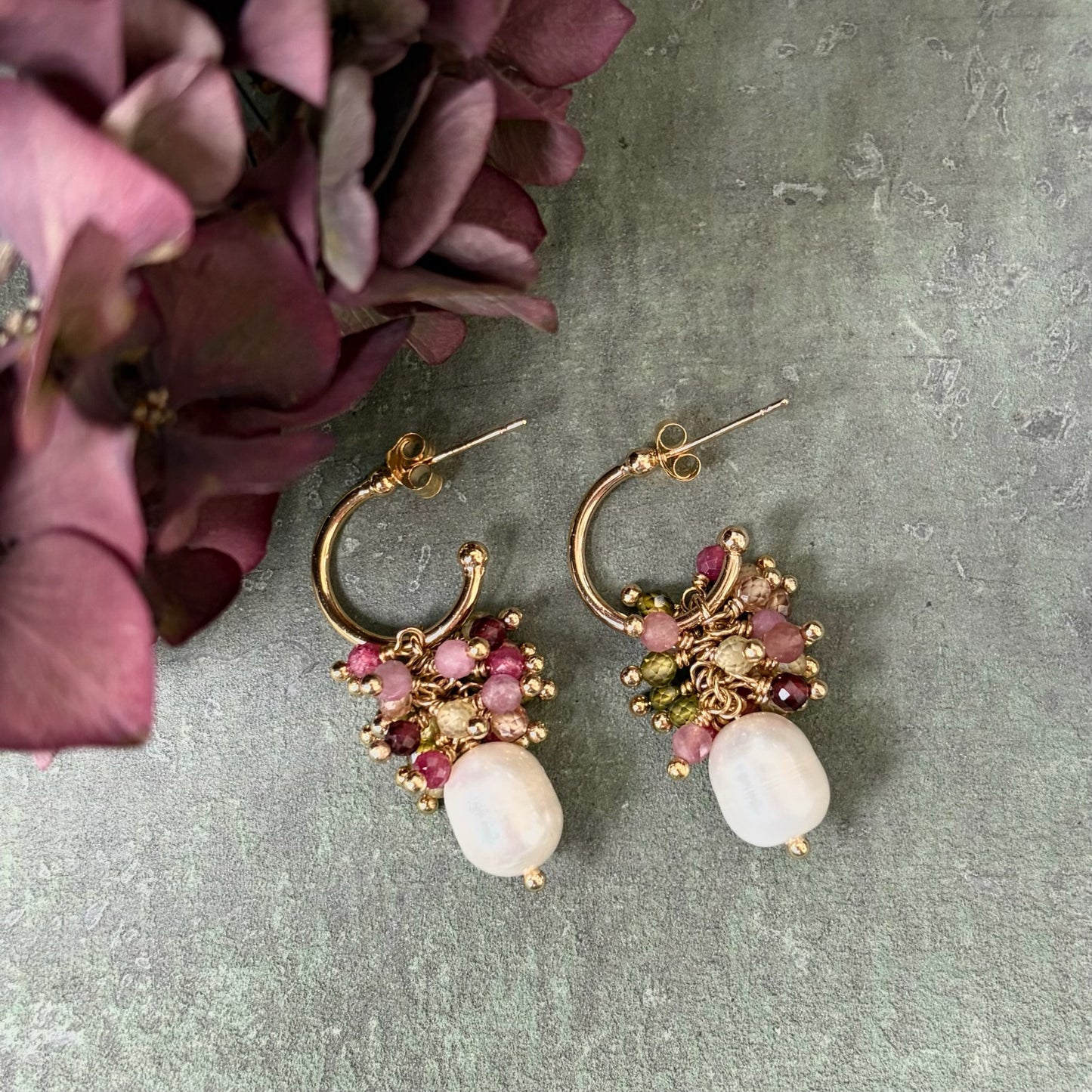 *Mini Hoop Earrings With Ibiza Pearl & Autumn Berry Drops