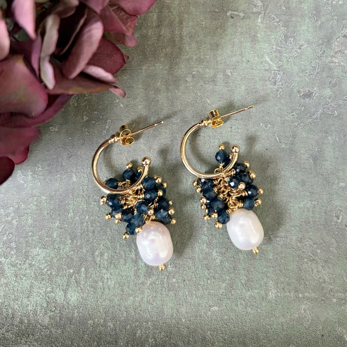 *Mini Hoop Earrings With Ibiza Pearl & Dark Navy Iolite Drops