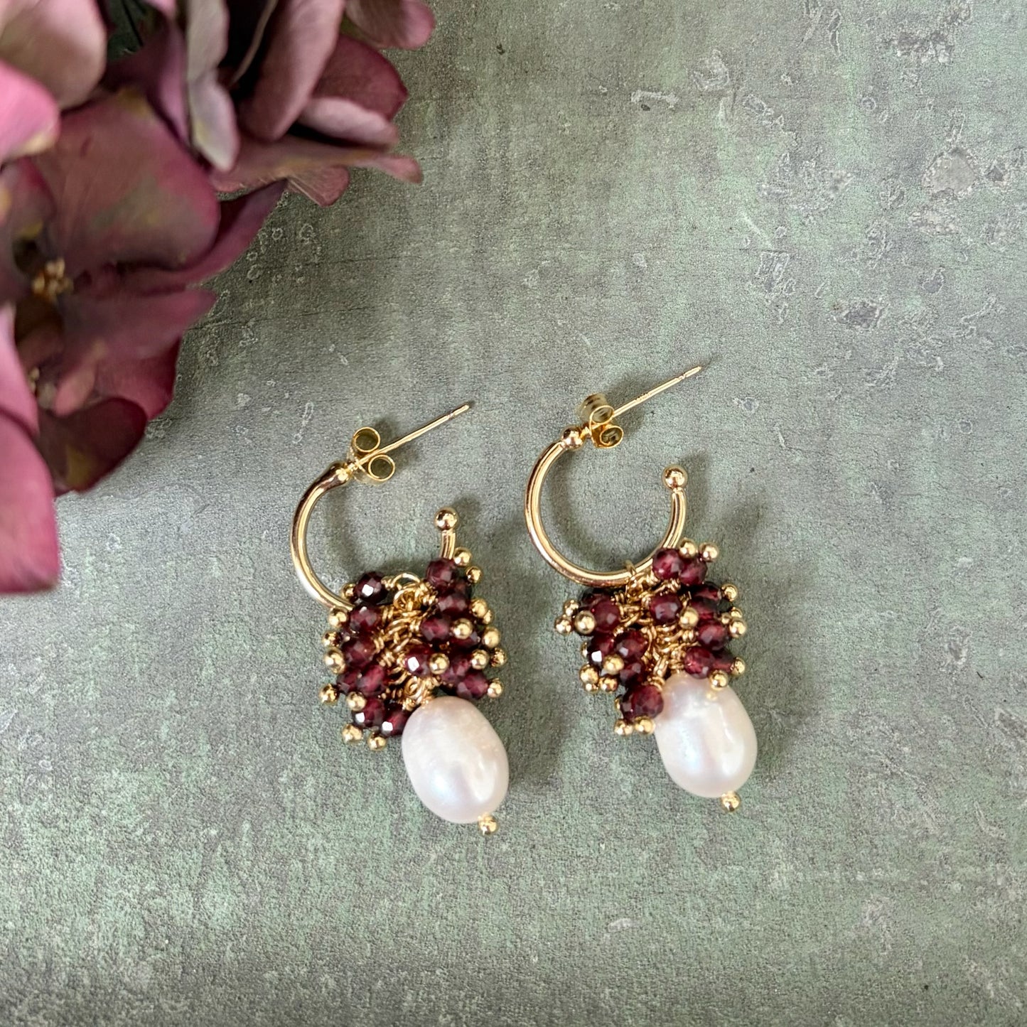 *Mini Hoop Earrings With Ibiza Pearl & Burgundy Garnet Drops