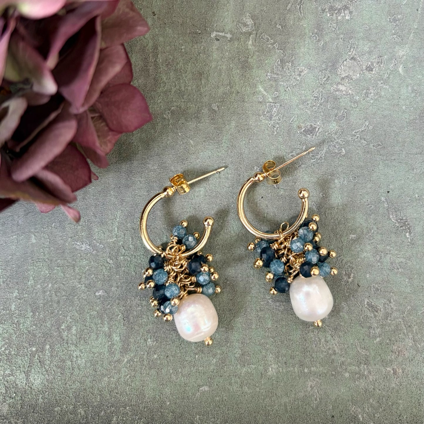*Mini Hoop Earrings With Ibiza Pearl & Blue Ombré Drops