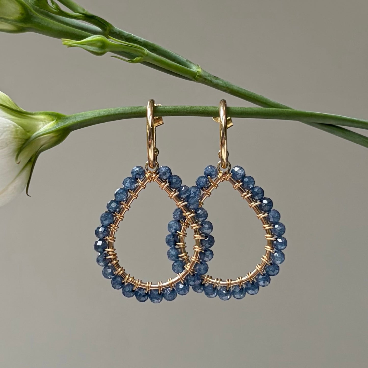 *Chunky Airforce Blue Quartz Teardrop Earrings On Mini Hoops