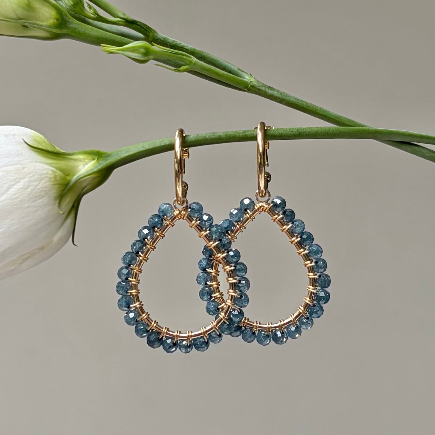 *Chunky Pale Denim Azurite Teardrop Earrings On Mini Hoops