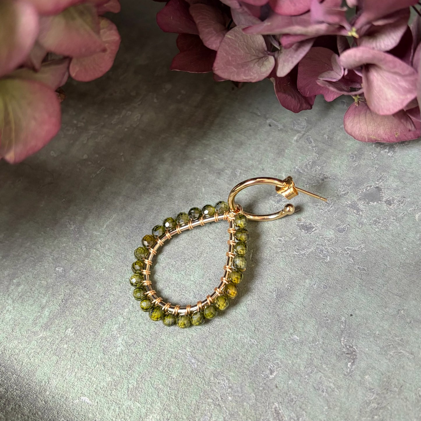 *Chunky Olive Green Peridot Teardrop Earrings On Mini Hoops