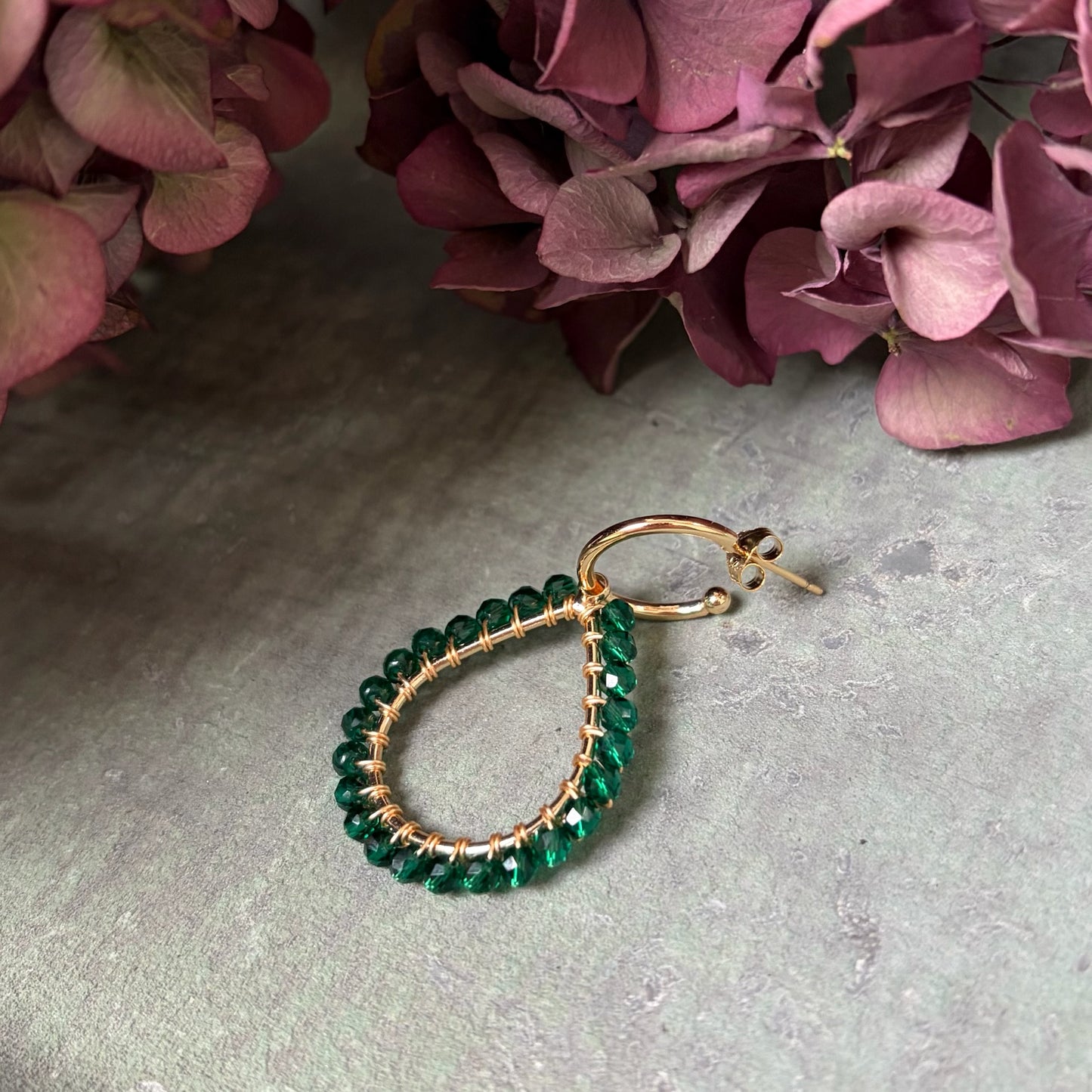 *Chunky Emerald Green Jade Teardrop Earrings On Mini Hoops