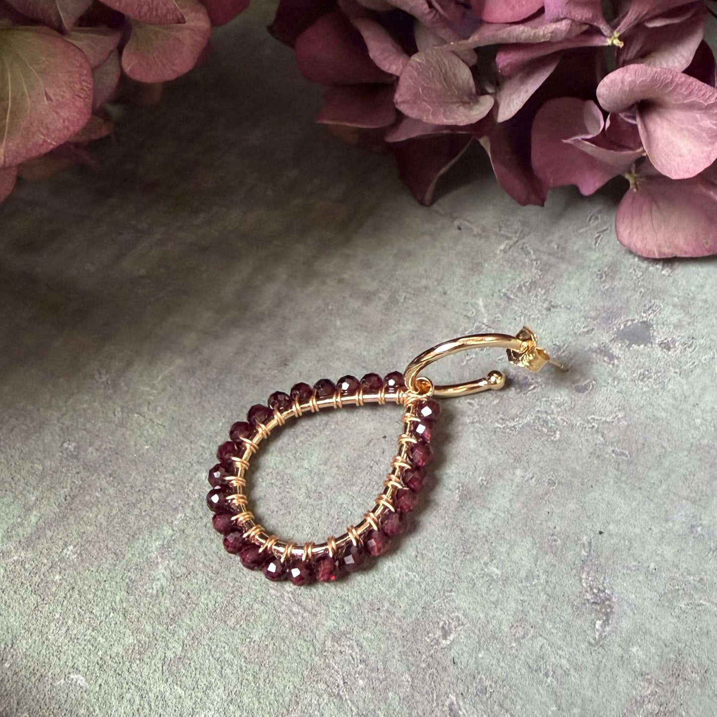 *Chunky Burgundy Garnet Teardrop Earrings On Mini Hoops