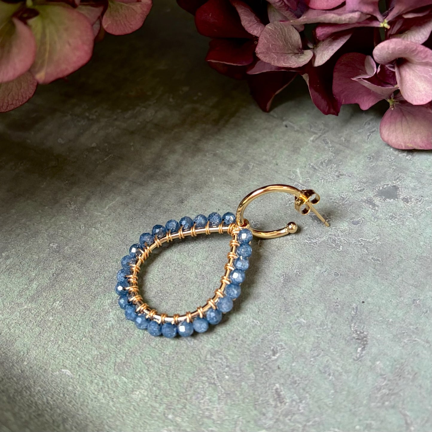 *Chunky Airforce Blue Quartz Teardrop Earrings On Mini Hoops