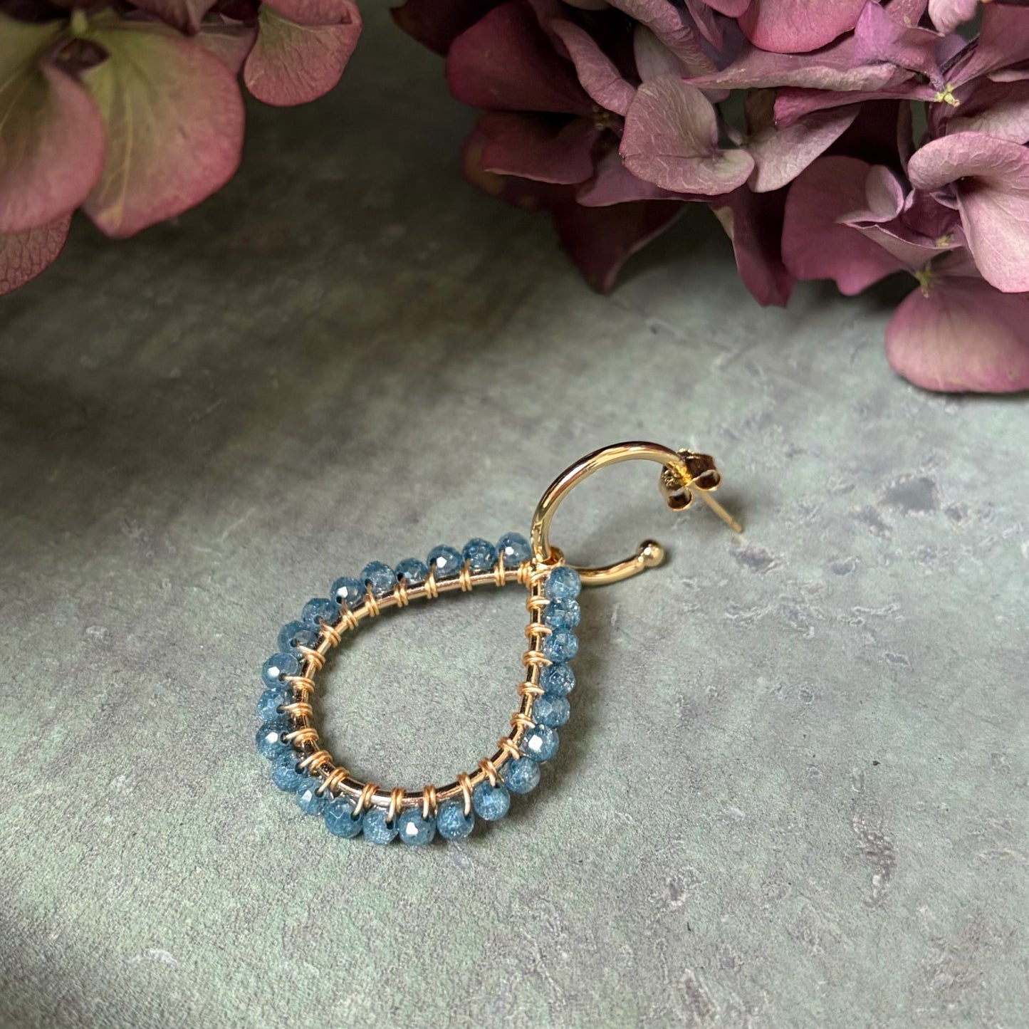 *Chunky Pale Denim Azurite Teardrop Earrings On Mini Hoops