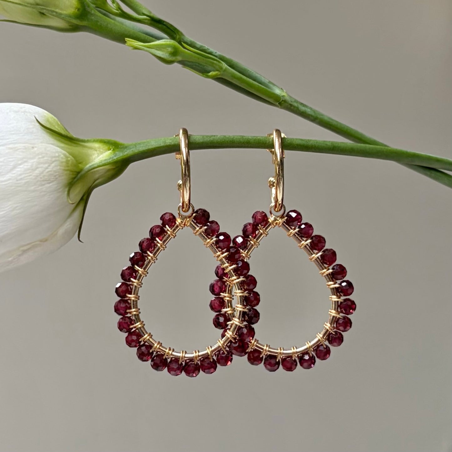 *Chunky Burgundy Garnet Teardrop Earrings On Mini Hoops