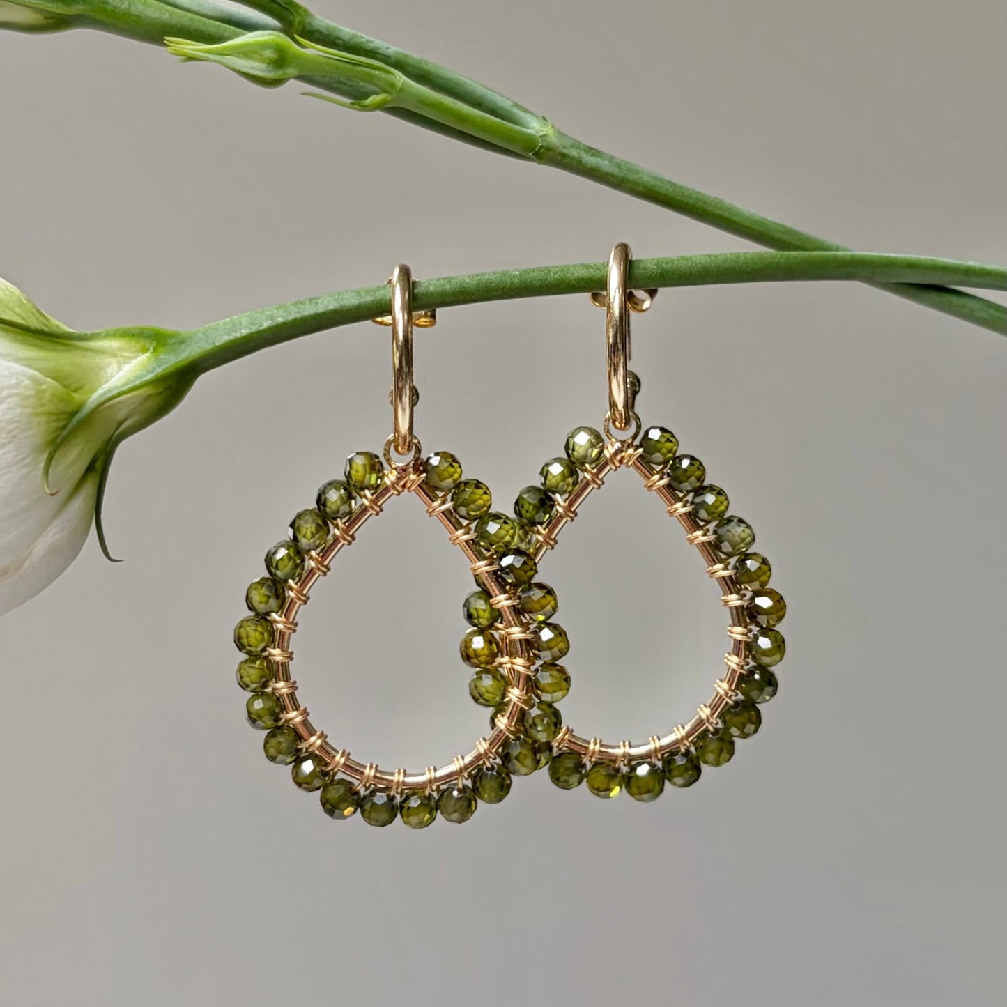 *Chunky Olive Green Peridot Teardrop Earrings On Mini Hoops