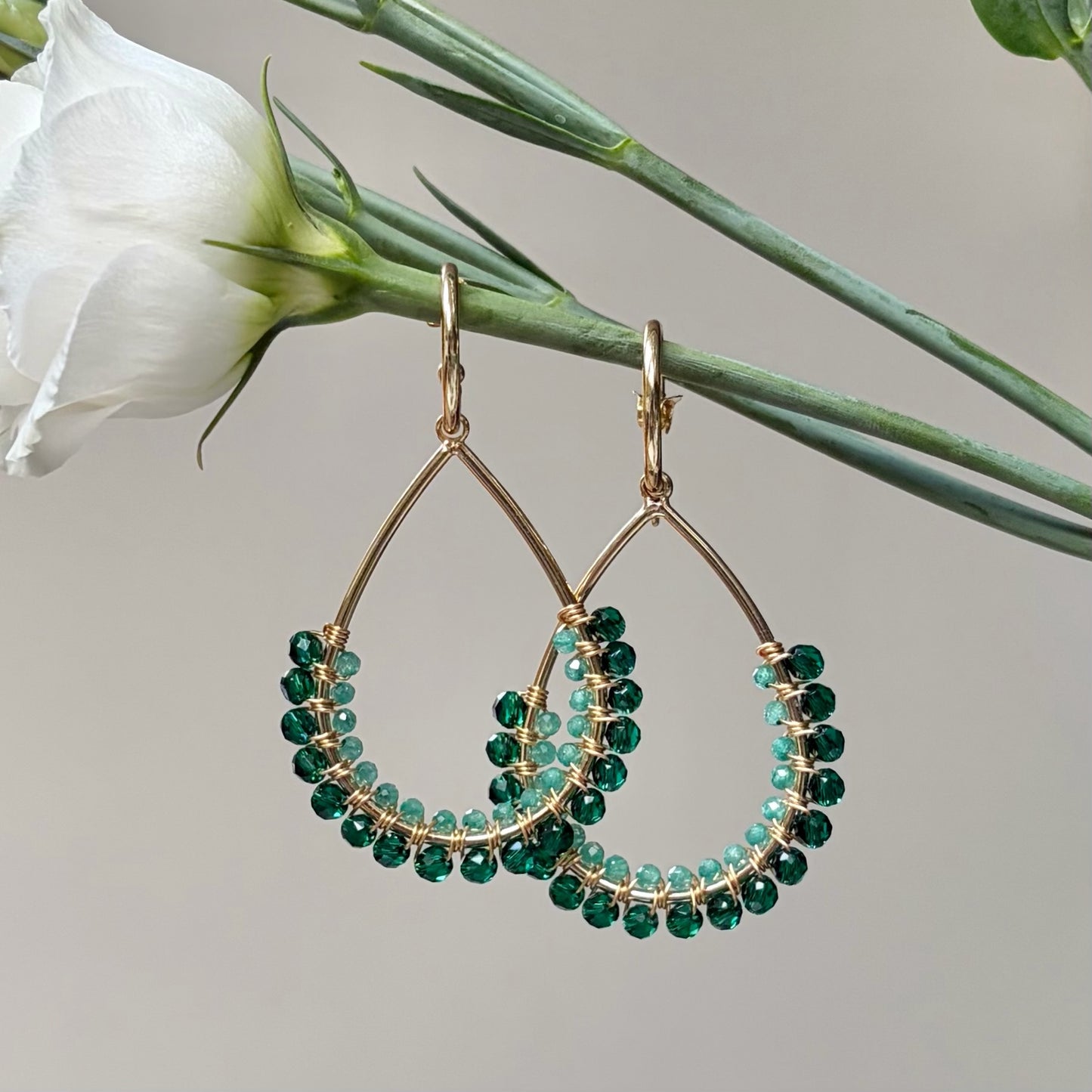 *Emerald Green & Mint Jade 1/2 Teardrop Earrings On Hoops