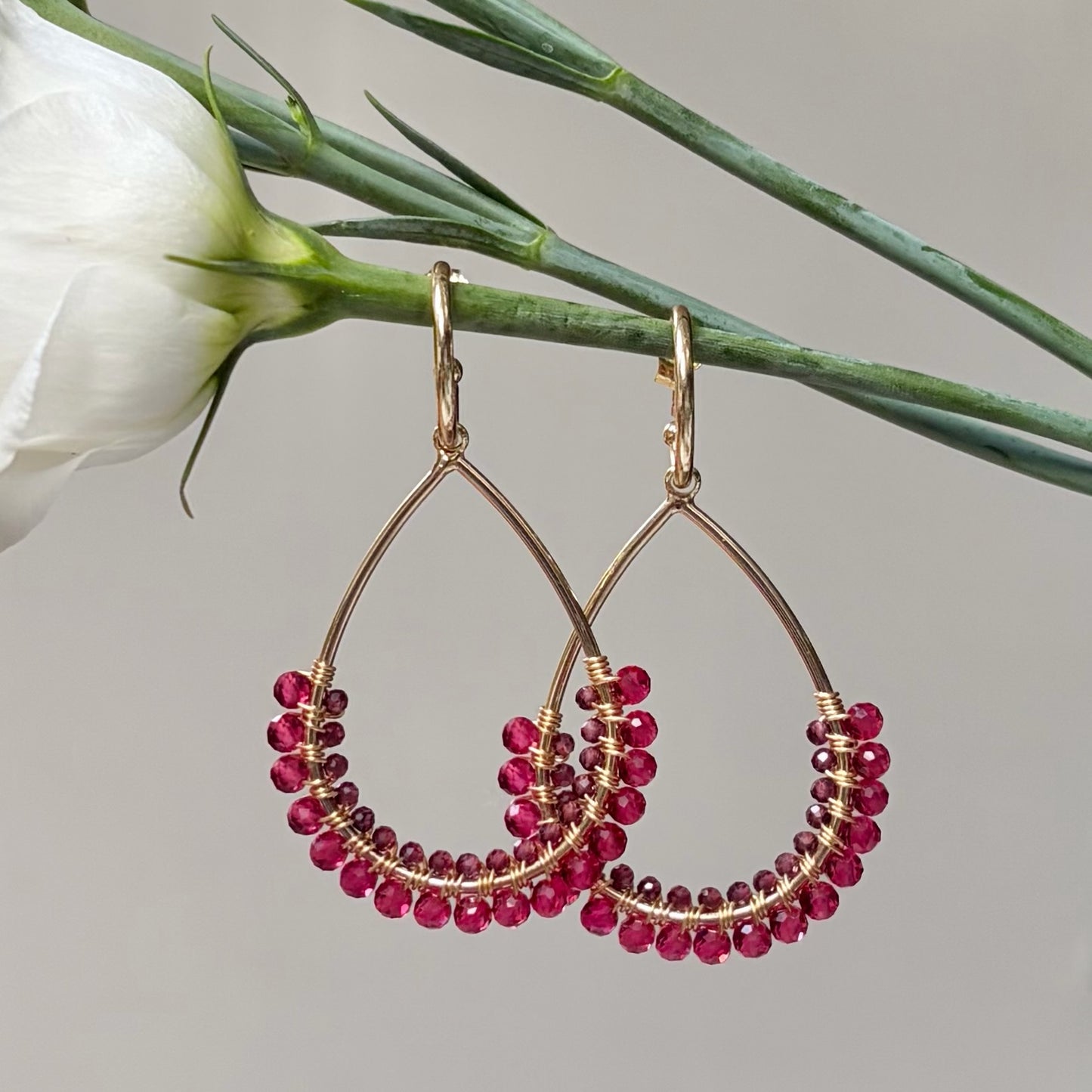 *Fuchsia Pink & Burgundy Garnet 1/2 Teardrop Earrings On Hoops