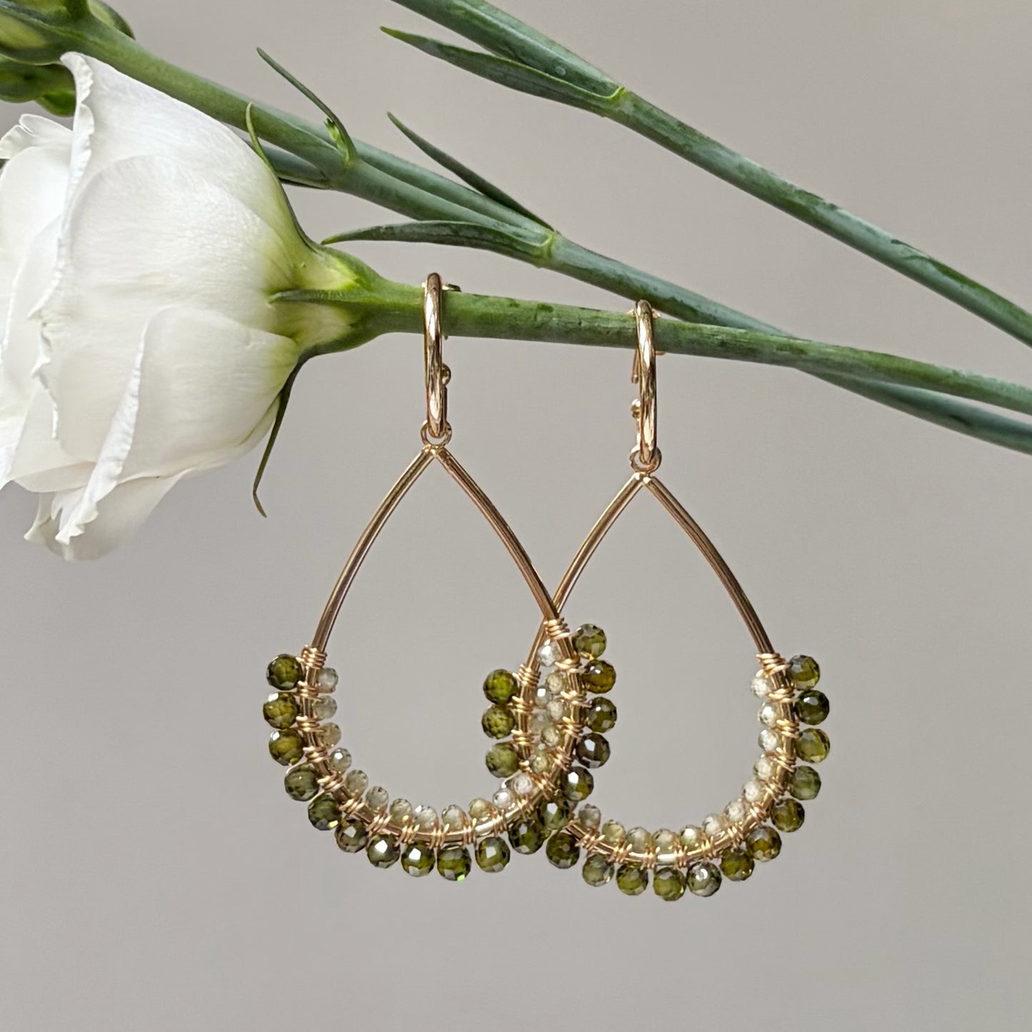 *Olive Green Peridot 1/2 Teardrop Earrings On Hoops